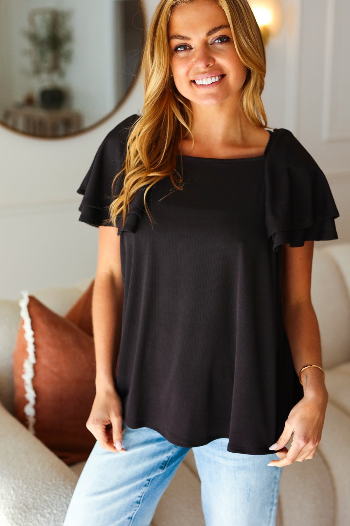 Feel The Love Black Double Ruffle Sleeve Square Neck Ribbed Top-Modish Lily, Tecumseh Michigan