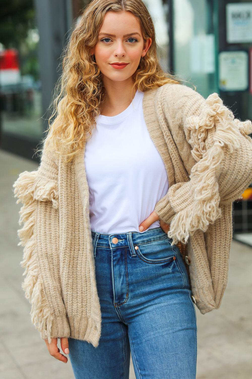 Weekend Ready Oatmeal V Neck Fringe Chunky Cable Cardigan-2024 Blow-Out Sale-Modish Lily, Tecumseh Michigan