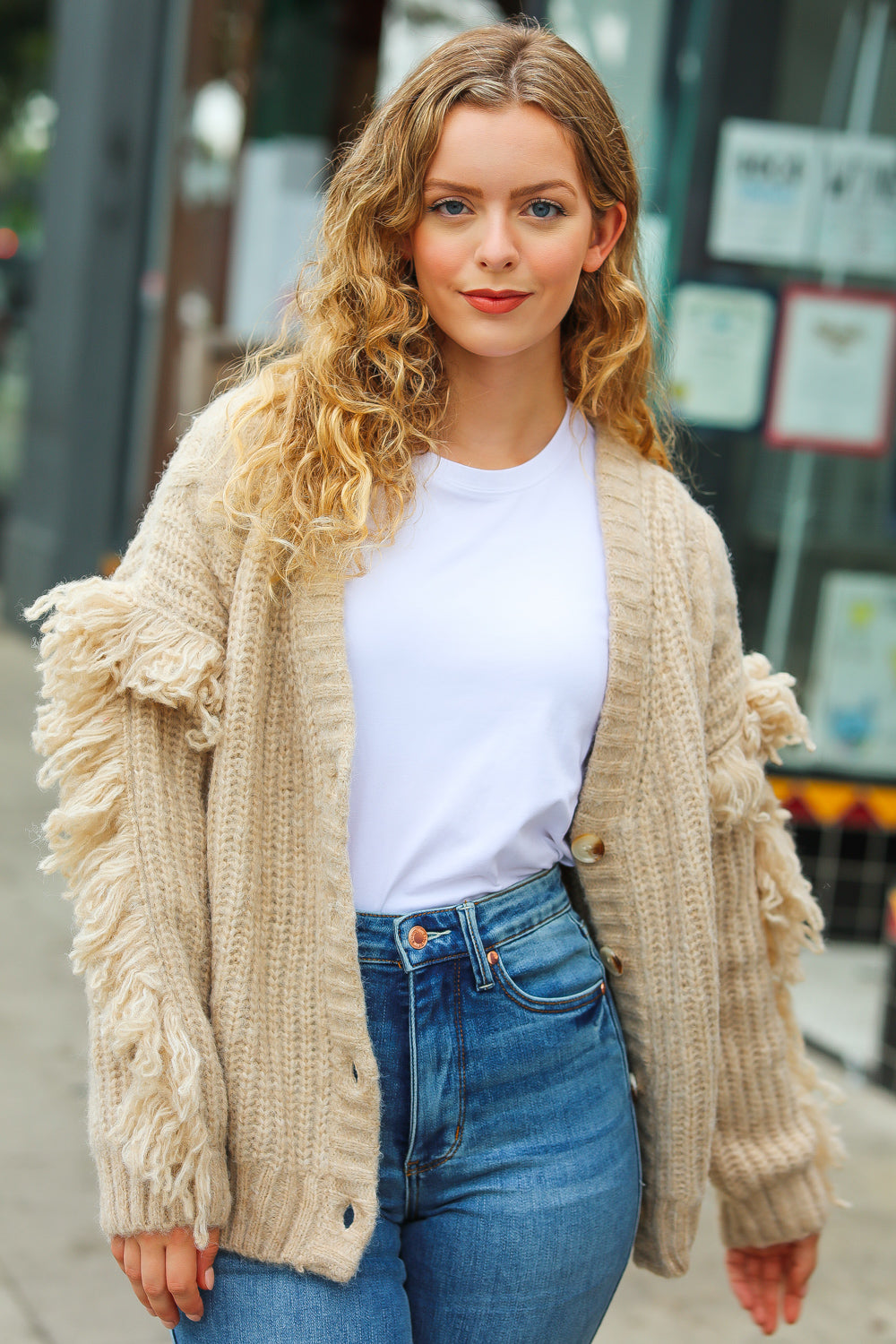 Weekend Ready Oatmeal V Neck Fringe Chunky Cable Cardigan-2024 Blow-Out Sale-Modish Lily, Tecumseh Michigan