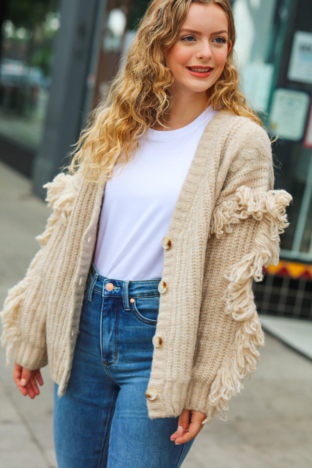 Weekend Ready Oatmeal V Neck Fringe Chunky Cable Cardigan-2024 Blow-Out Sale-Modish Lily, Tecumseh Michigan