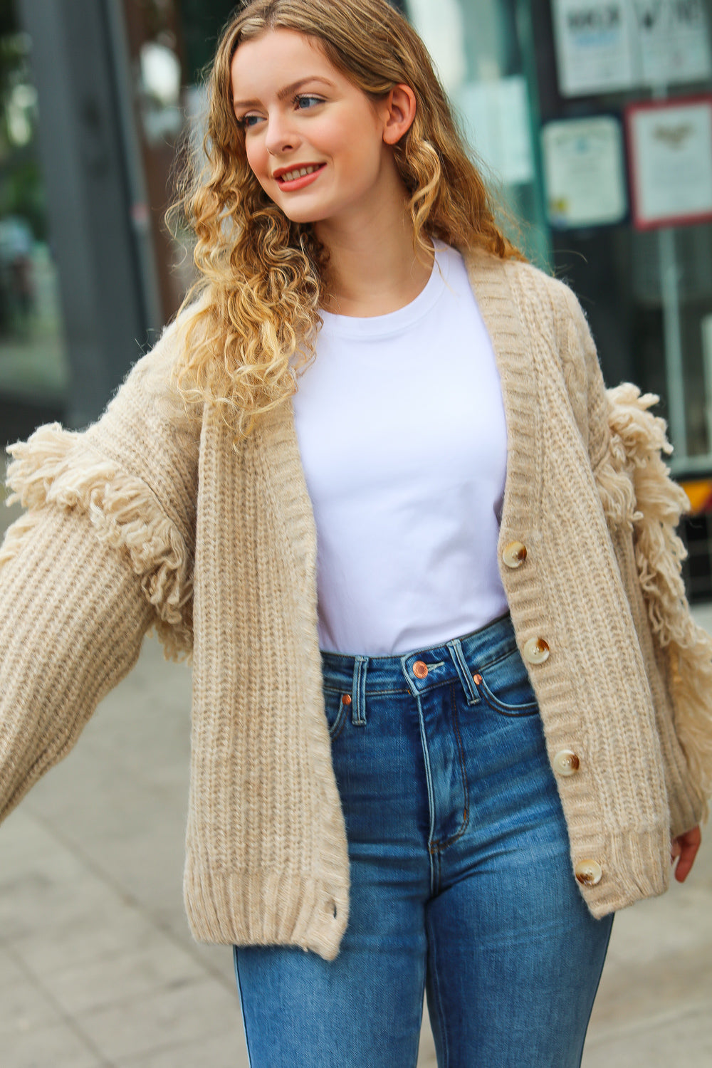 Weekend Ready Oatmeal V Neck Fringe Chunky Cable Cardigan-2024 Blow-Out Sale-Modish Lily, Tecumseh Michigan