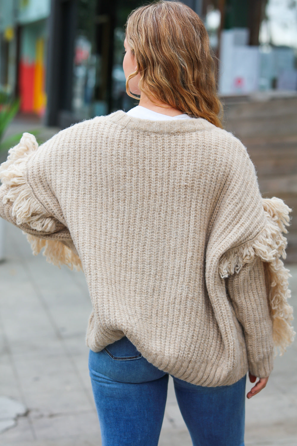 Weekend Ready Oatmeal V Neck Fringe Chunky Cable Cardigan-2024 Blow-Out Sale-Modish Lily, Tecumseh Michigan