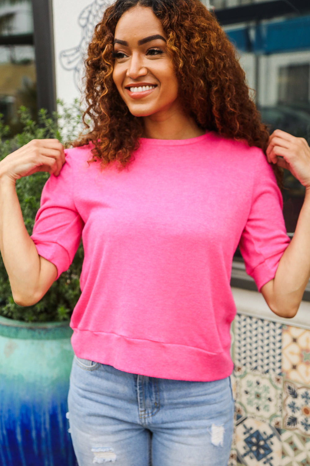 Pretty In Pink Mock Neck With Back Ribbon Bow Tie Sweater Top-Modish Lily, Tecumseh Michigan