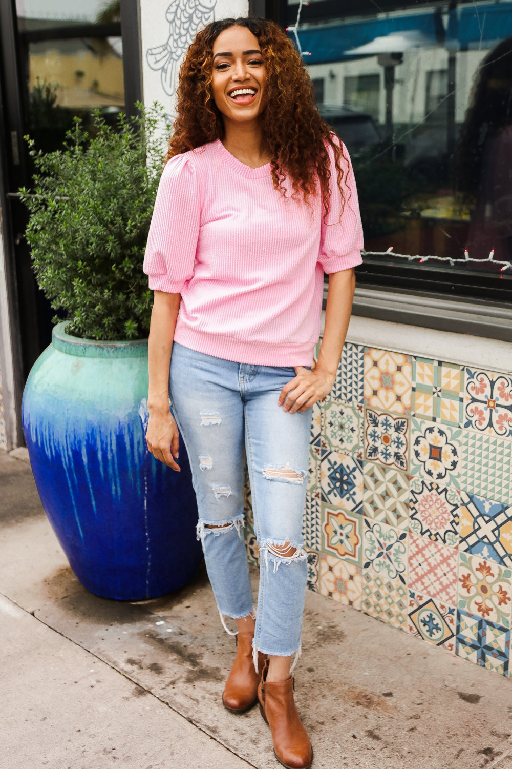 Pretty In Pink Puff Bubble Short Sleeve Wavy Rib Knit Top-Modish Lily, Tecumseh Michigan