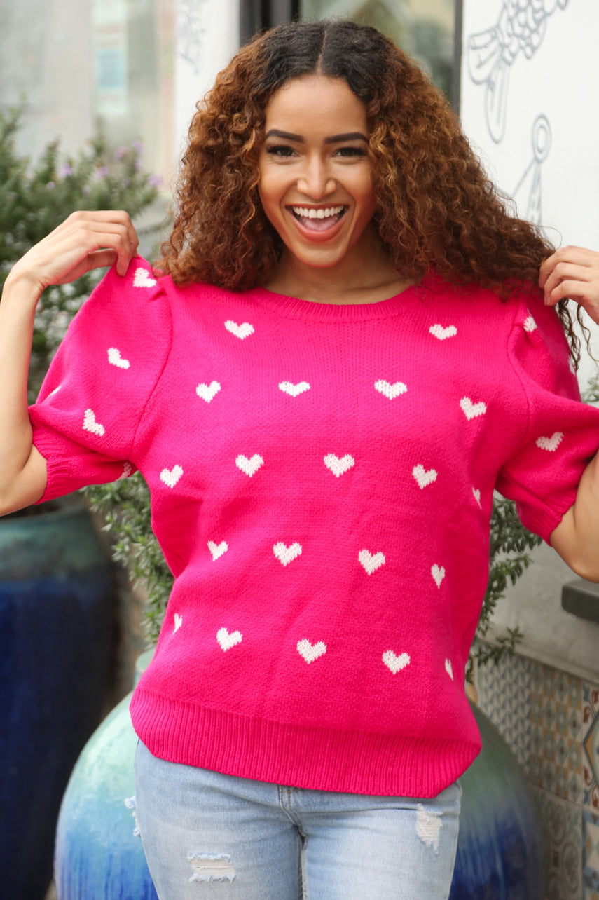 Be Mine Pink & White Heart Oversized Jacquard Sweater-Modish Lily, Tecumseh Michigan