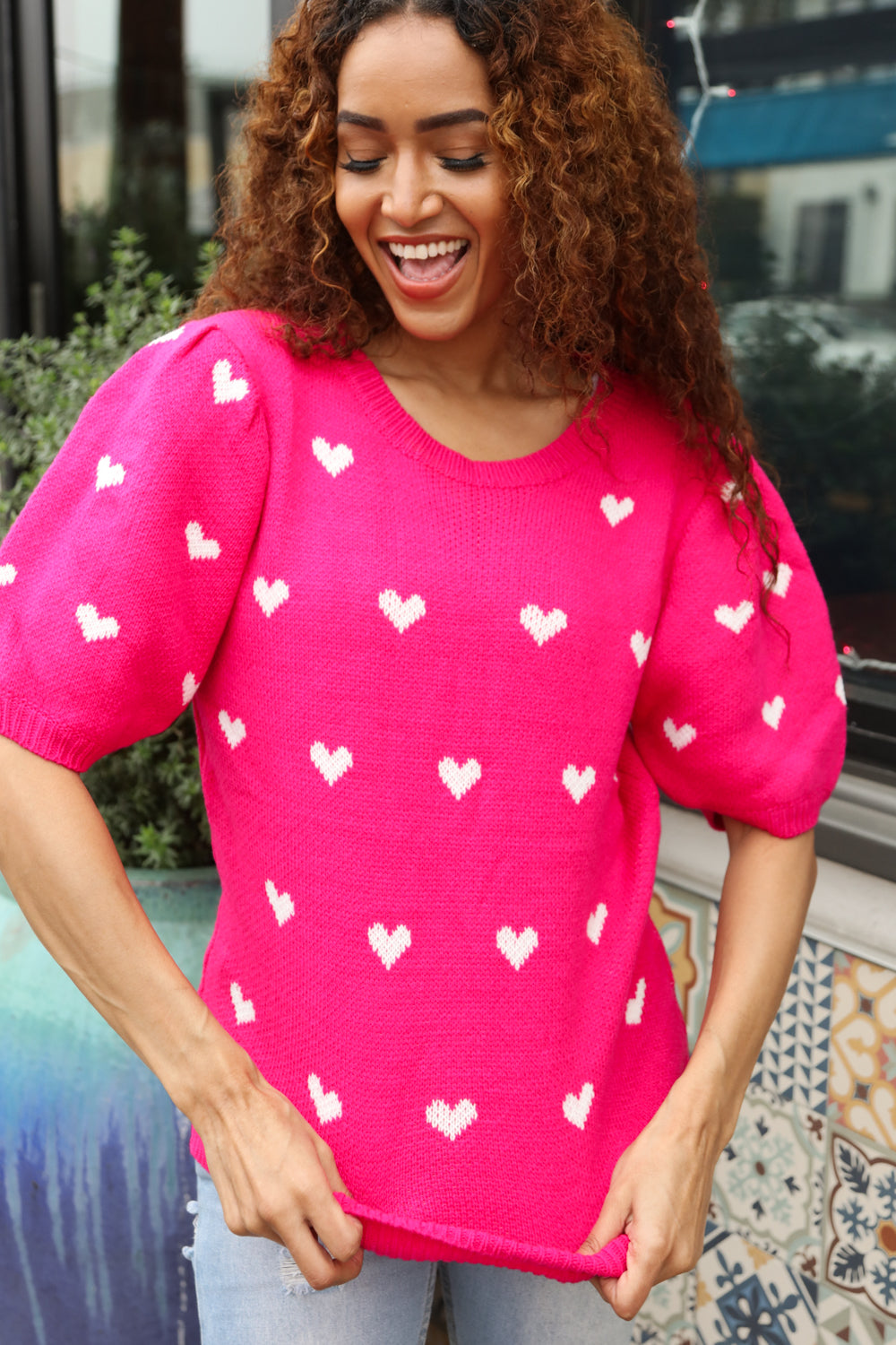 Be Mine Pink & White Heart Oversized Jacquard Sweater-Modish Lily, Tecumseh Michigan