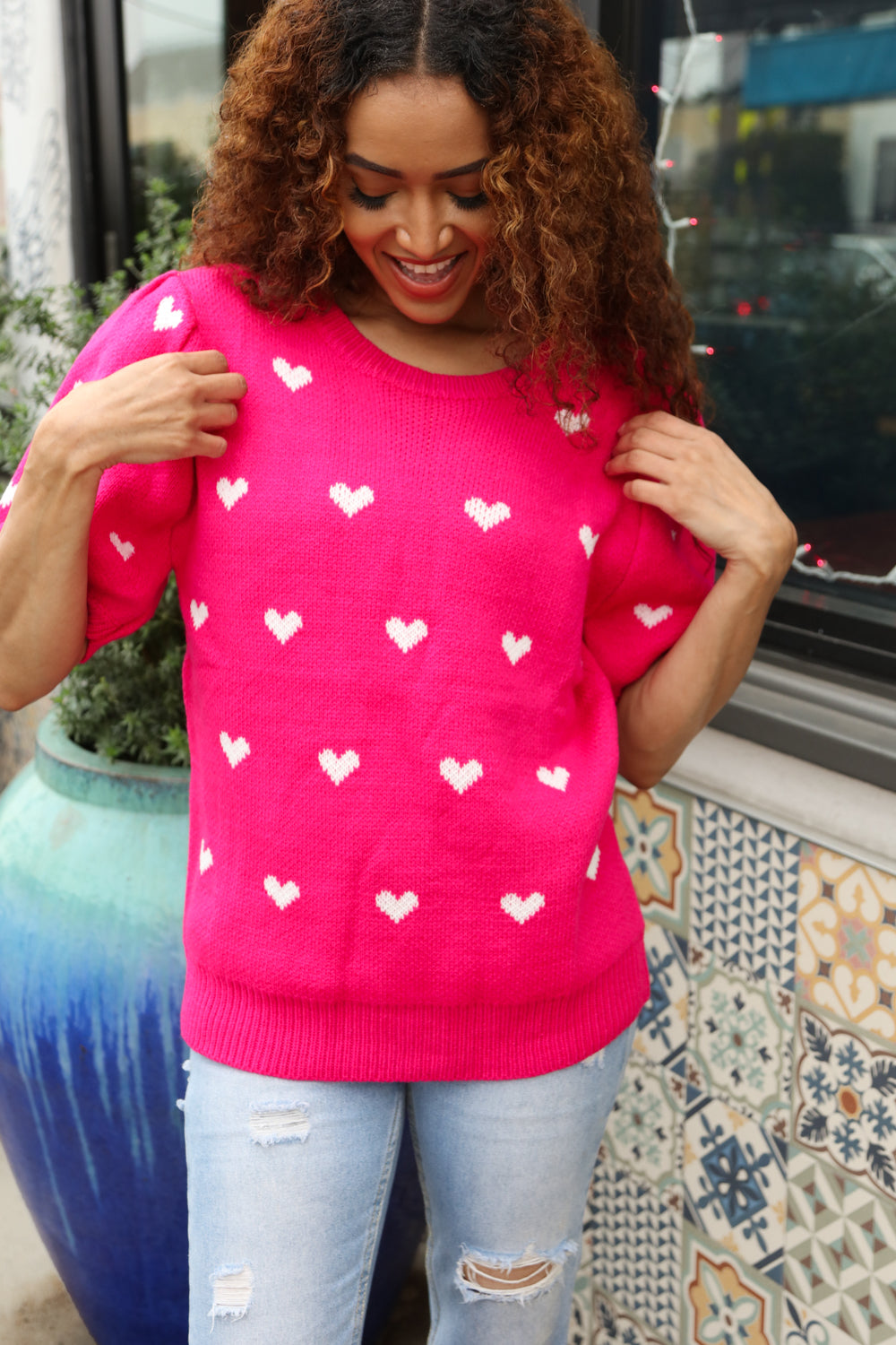 Be Mine Pink & White Heart Oversized Jacquard Sweater-Modish Lily, Tecumseh Michigan