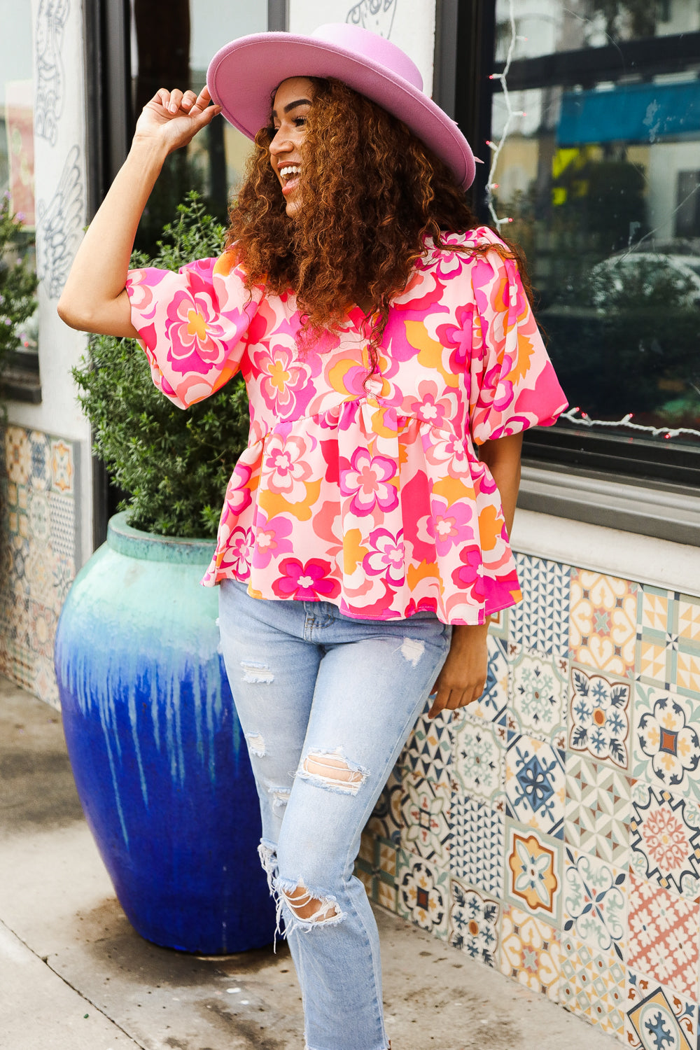 Find Love Pink/Yellow Floral Frill Balloon Short Sleeve Top-Modish Lily, Tecumseh Michigan