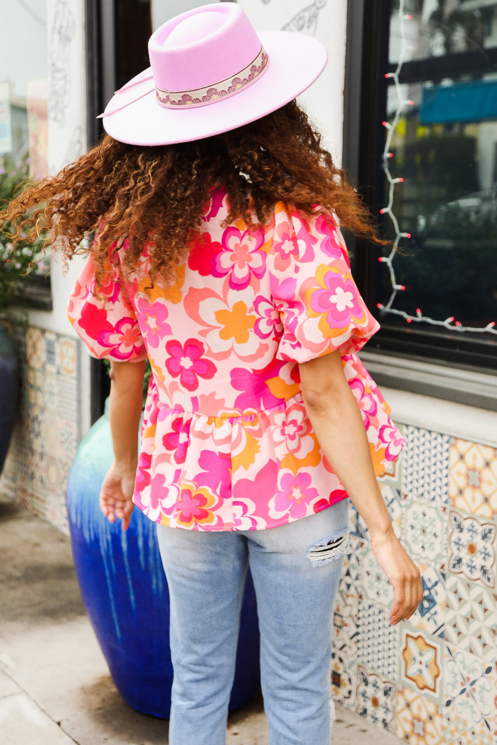 Find Love Pink/Yellow Floral Frill Balloon Short Sleeve Top-Modish Lily, Tecumseh Michigan