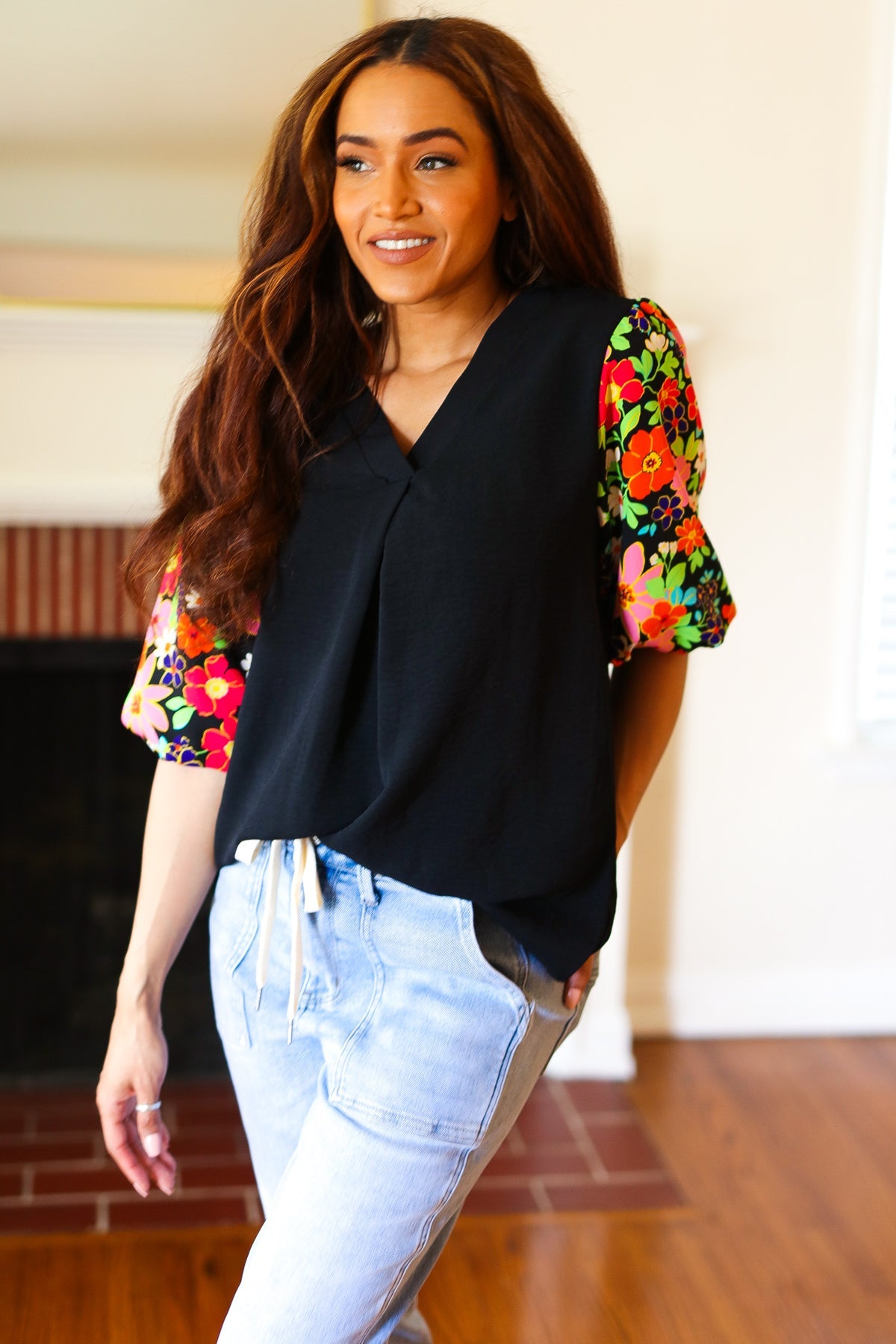 Eyes On You Black Floral Puff Sleeve V Neck Top-Modish Lily, Tecumseh Michigan