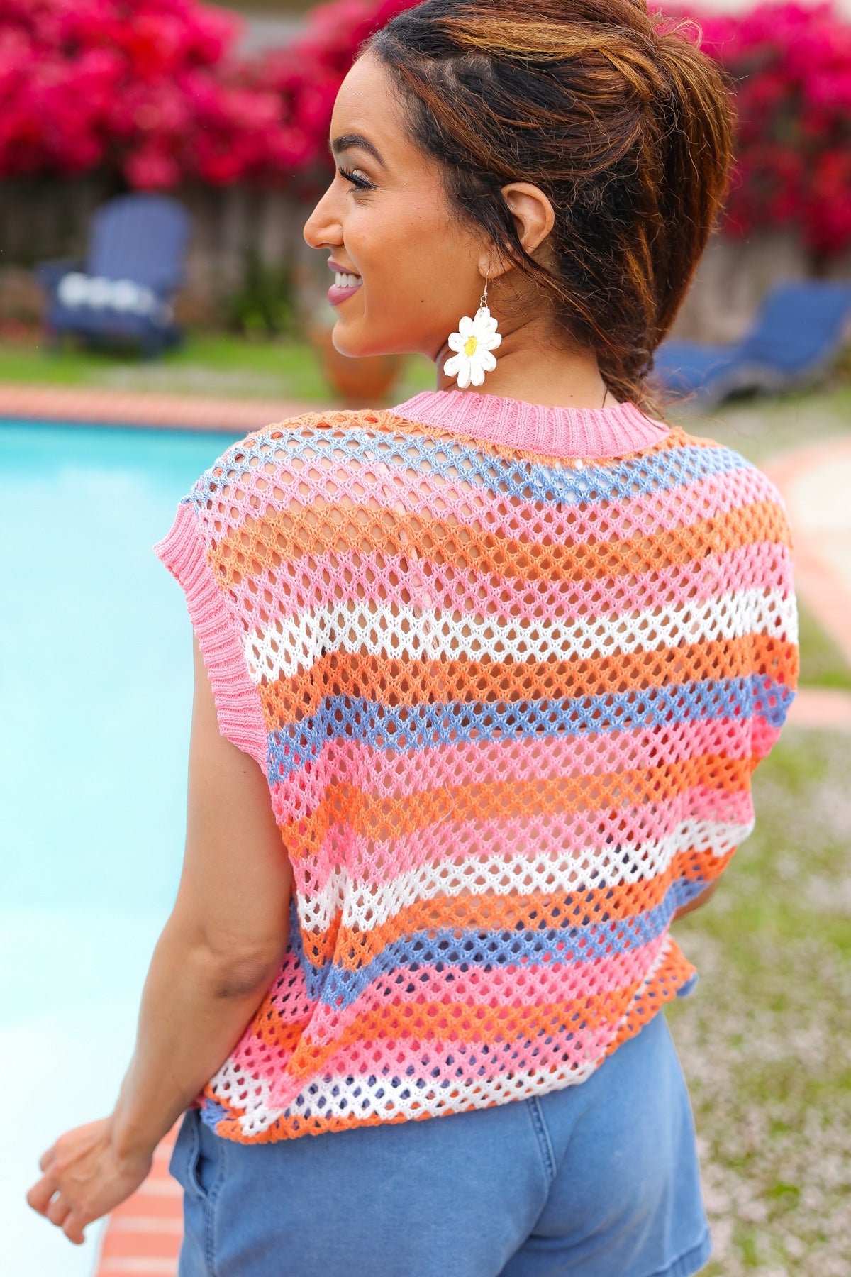 Pretty In Pink & Blue Striped Netted Crochet Dolman Sweater Top-2024 Summer Blow Out Sale-Modish Lily, Tecumseh Michigan