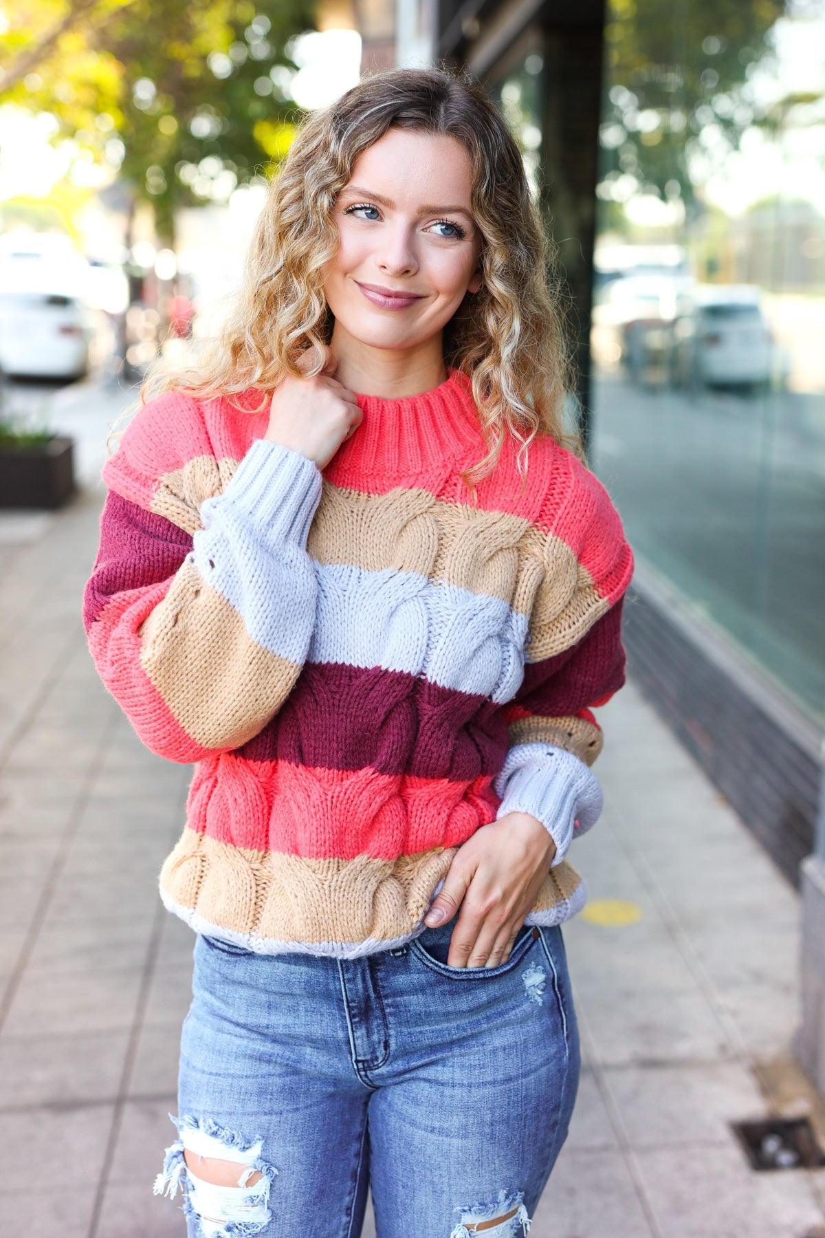 Fall For You Rust Multicolor Stripe Cable Knit Mock Neck Sweater-Modish Lily, Tecumseh Michigan