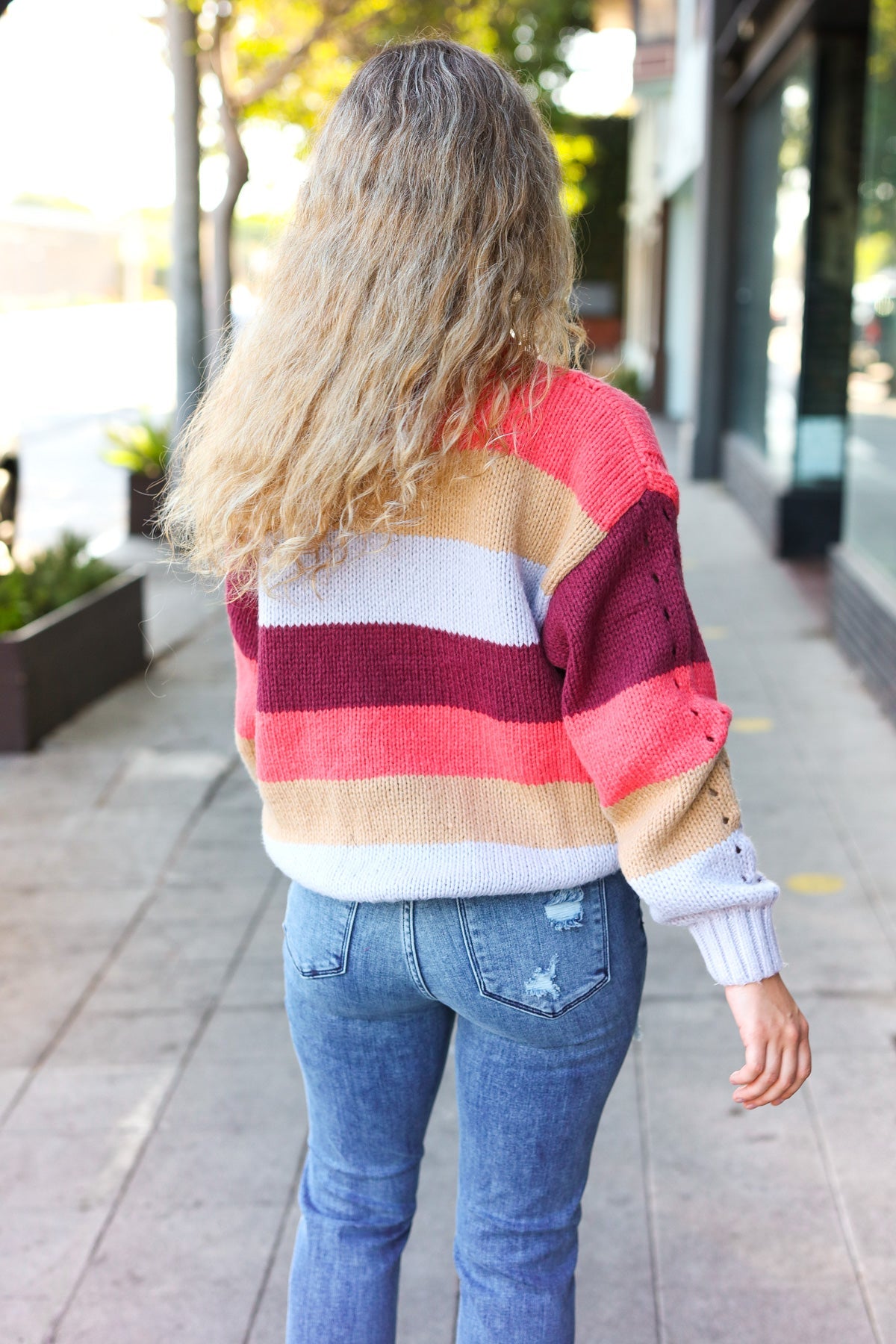 Fall For You Rust Multicolor Stripe Cable Knit Mock Neck Sweater-Modish Lily, Tecumseh Michigan