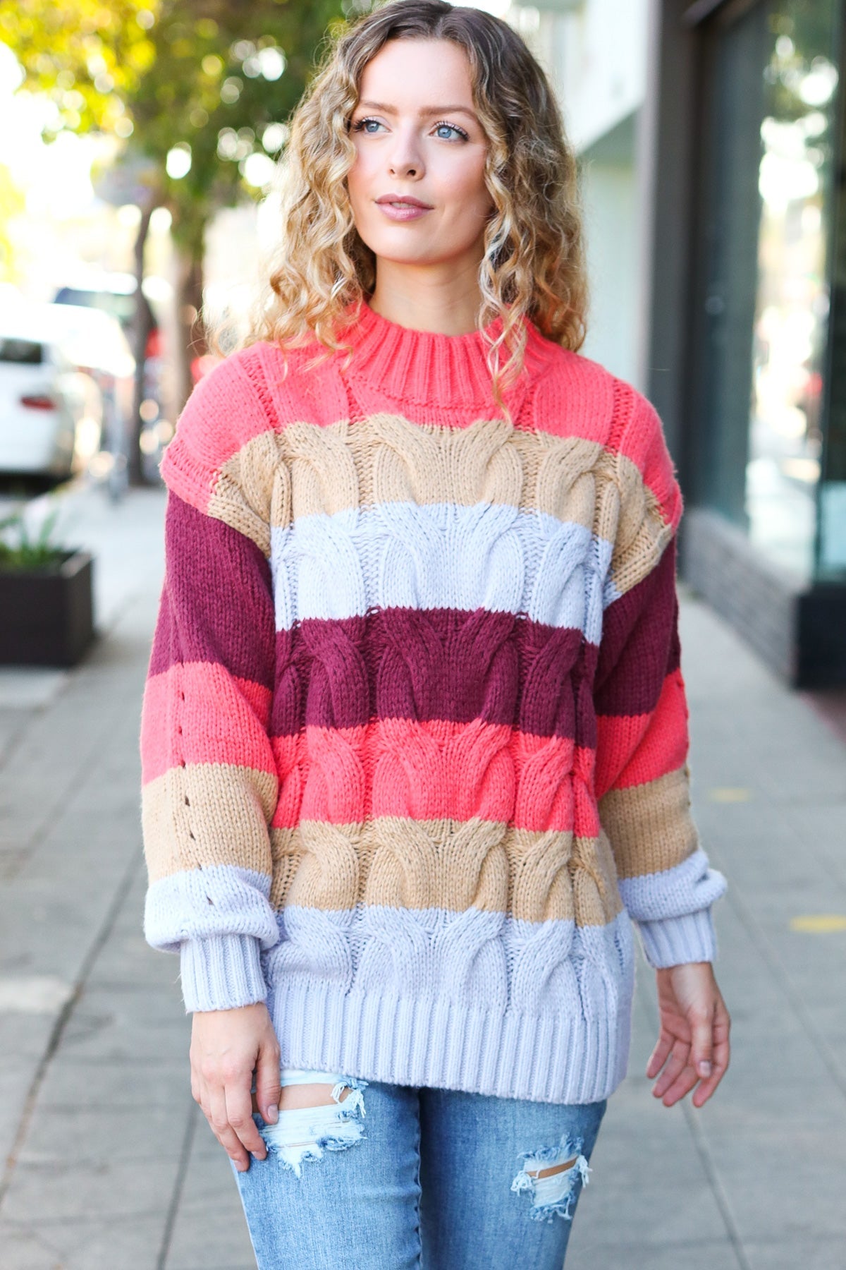 Fall For You Rust Multicolor Stripe Cable Knit Mock Neck Sweater-Modish Lily, Tecumseh Michigan