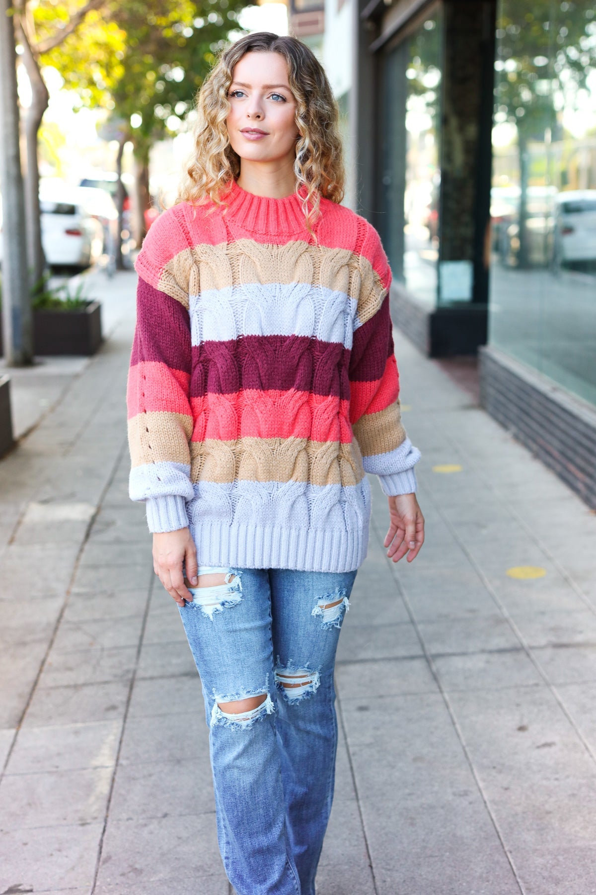 Fall For You Rust Multicolor Stripe Cable Knit Mock Neck Sweater-Modish Lily, Tecumseh Michigan