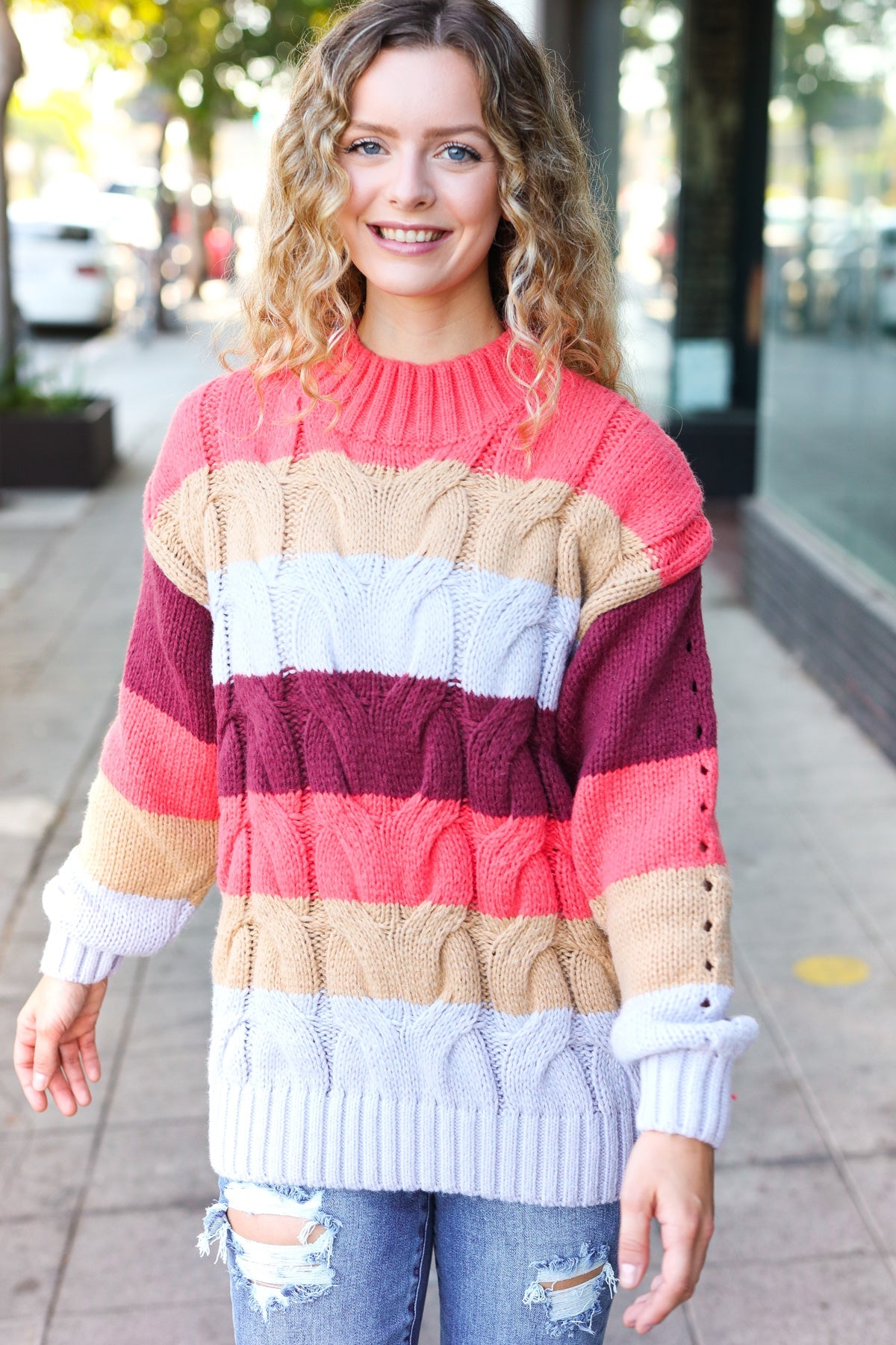 Fall For You Rust Multicolor Stripe Cable Knit Mock Neck Sweater-Modish Lily, Tecumseh Michigan