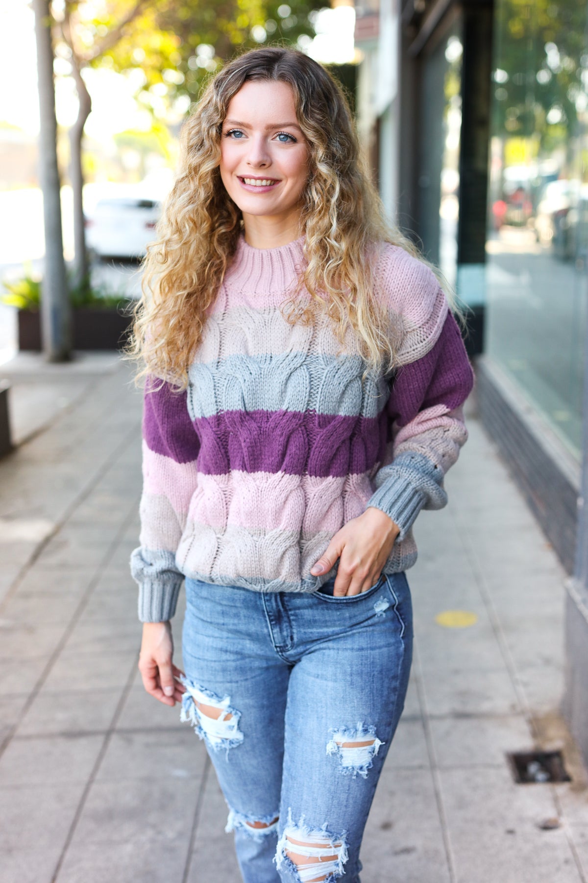 Fall For You Mauve Multicolor Stripe Cable Knit Mock Neck Sweater-2024 Blow-Out Sale-Modish Lily, Tecumseh Michigan