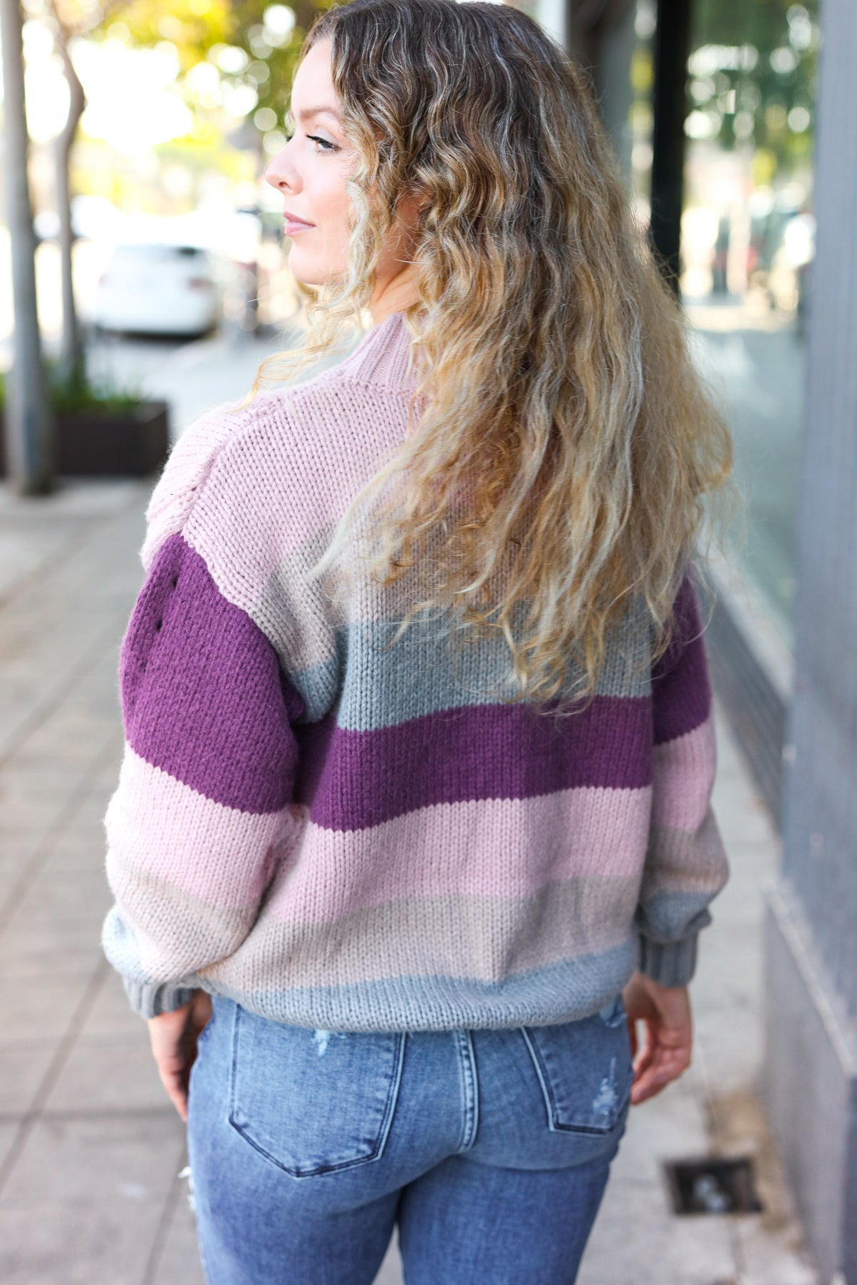 Fall For You Mauve Multicolor Stripe Cable Knit Mock Neck Sweater-2024 Blow-Out Sale-Modish Lily, Tecumseh Michigan