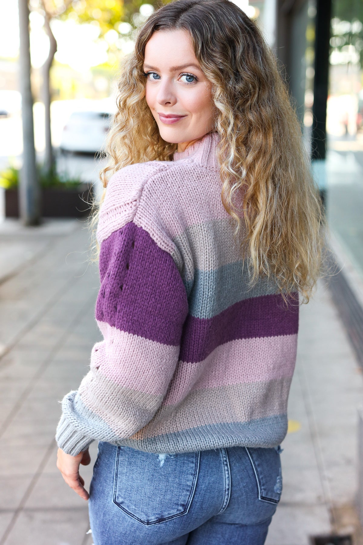 Fall For You Mauve Multicolor Stripe Cable Knit Mock Neck Sweater-2024 Blow-Out Sale-Modish Lily, Tecumseh Michigan