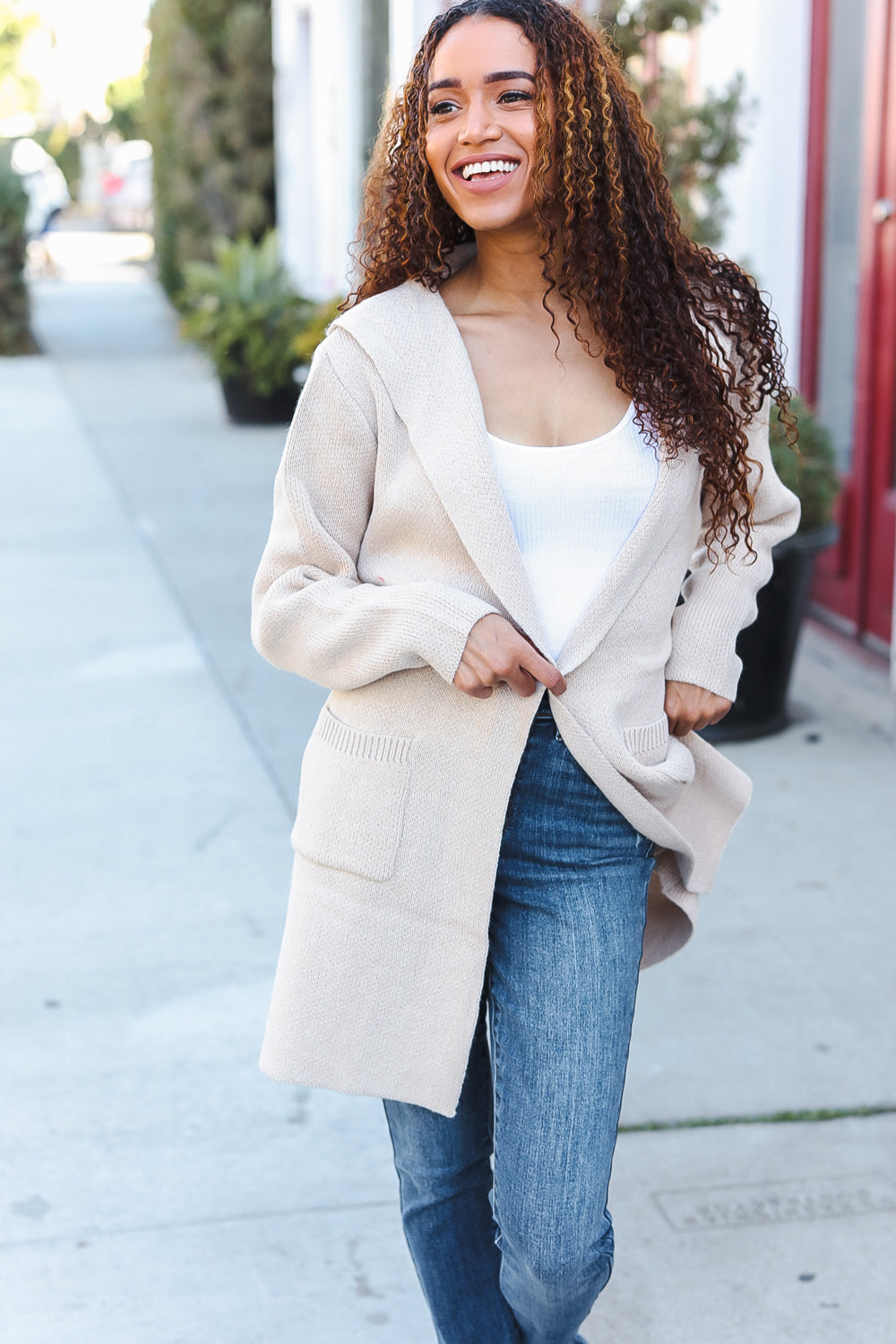 Taupe Open Sweater Cardigan Hoodie With Pockets-Modish Lily, Tecumseh Michigan