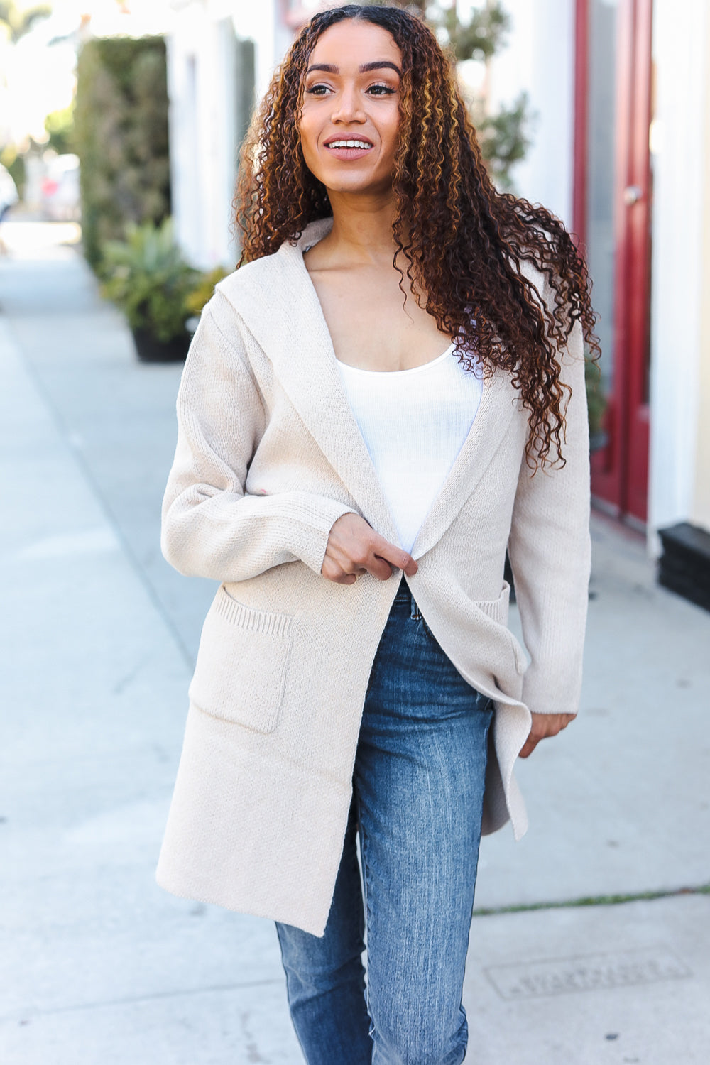 Taupe Open Sweater Cardigan Hoodie With Pockets-Modish Lily, Tecumseh Michigan