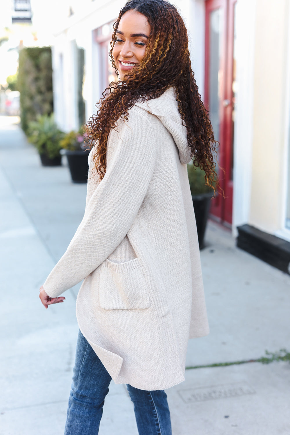 Taupe Open Sweater Cardigan Hoodie With Pockets-Modish Lily, Tecumseh Michigan