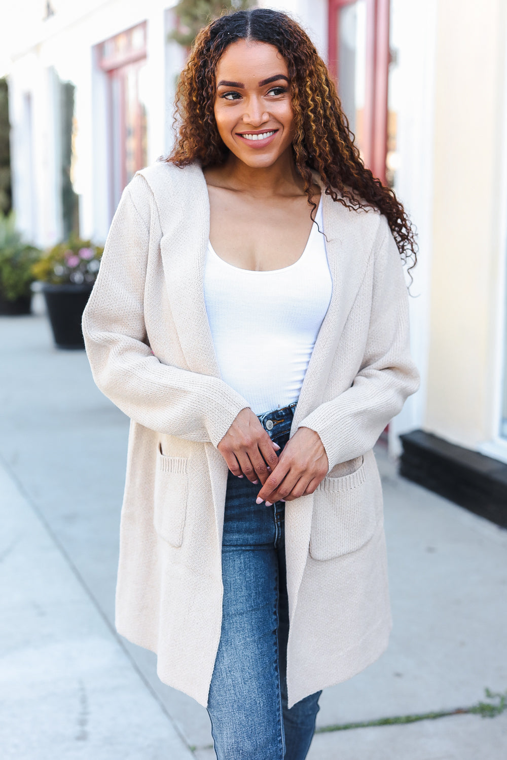 Taupe Open Sweater Cardigan Hoodie With Pockets-Modish Lily, Tecumseh Michigan