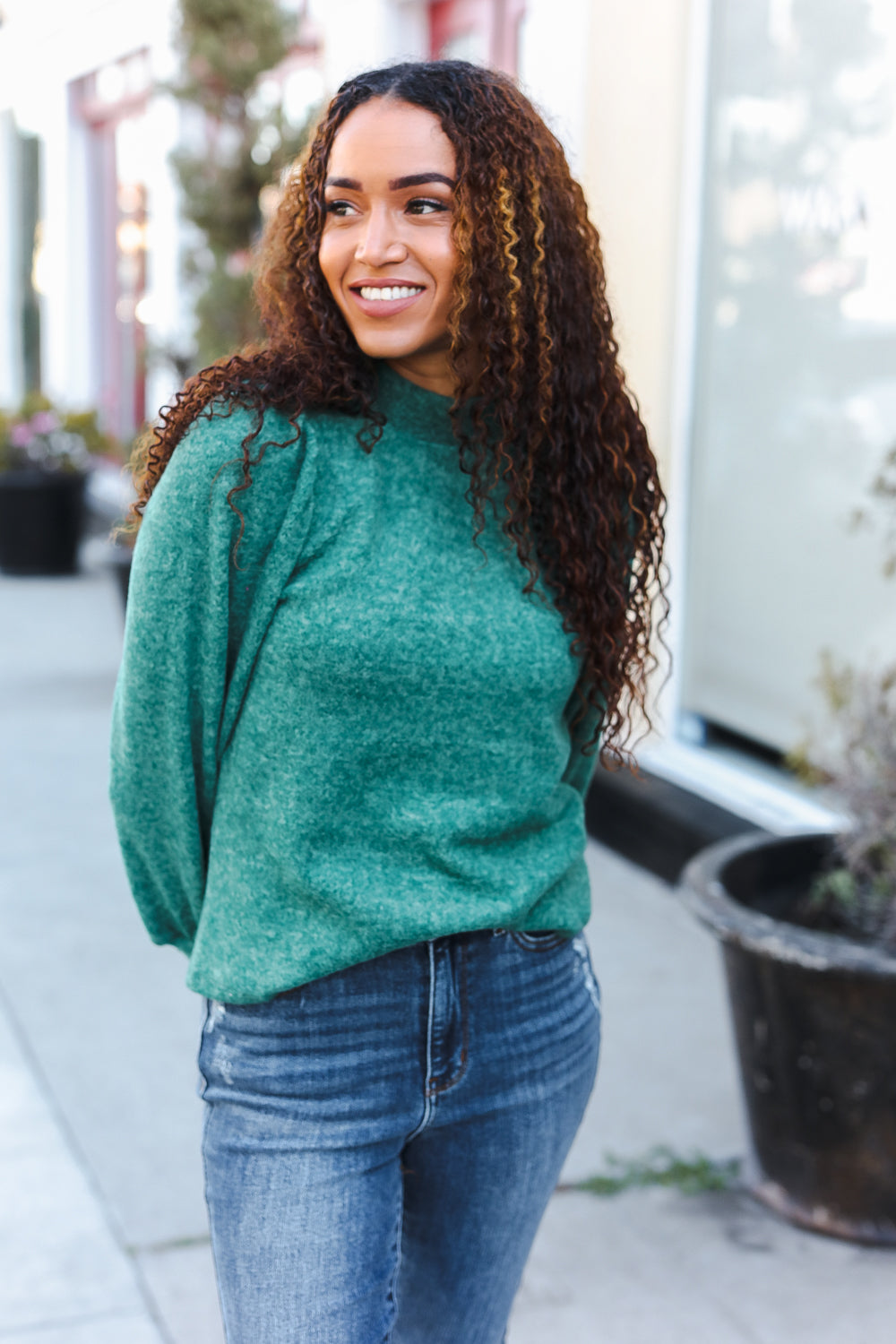 Stay Awhile Green Brushed Melange Puff Short Sleeve Sweater-Modish Lily, Tecumseh Michigan