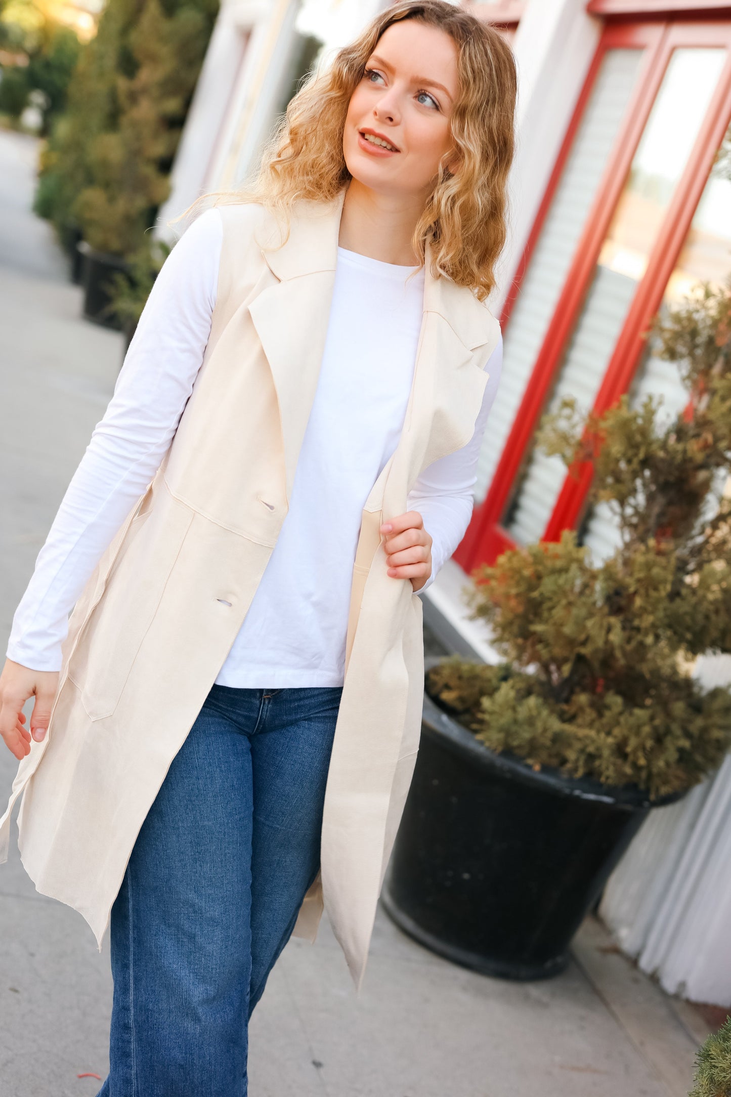 Back In Town Cream Faux Suede Trench Coat Vest-Modish Lily, Tecumseh Michigan