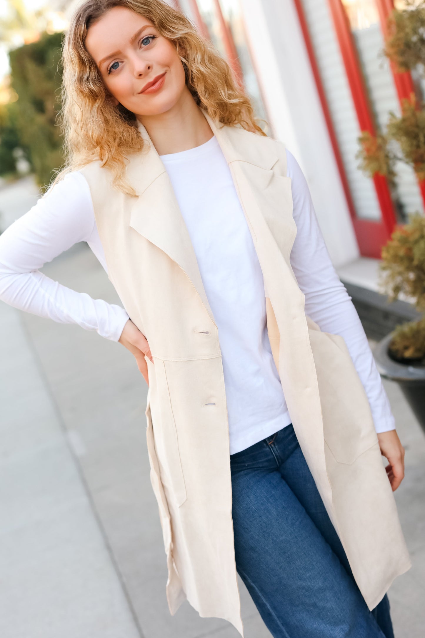 Back In Town Cream Faux Suede Trench Coat Vest-Modish Lily, Tecumseh Michigan