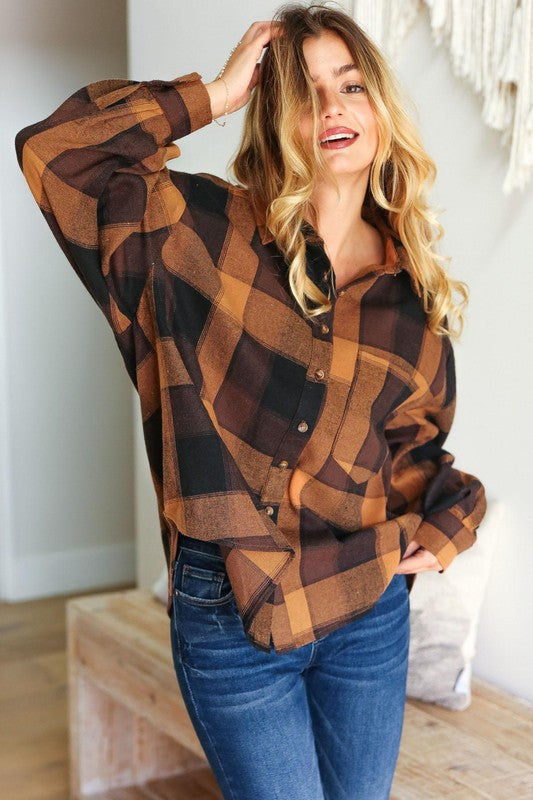 Rock'n Plaid Camel & Charcoal Button Down Oversized Shirt-Modish Lily, Tecumseh Michigan