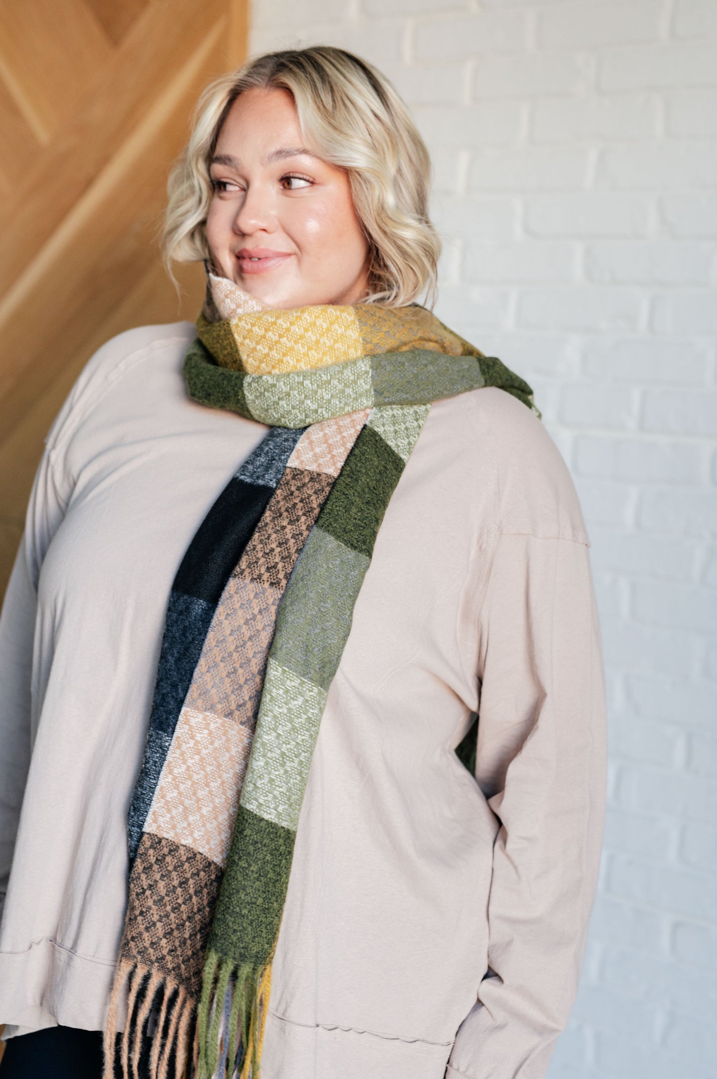 Keep Me Cozy Checkered Fringe Scarf in Woodland Shades-Accessories-Modish Lily, Tecumseh Michigan