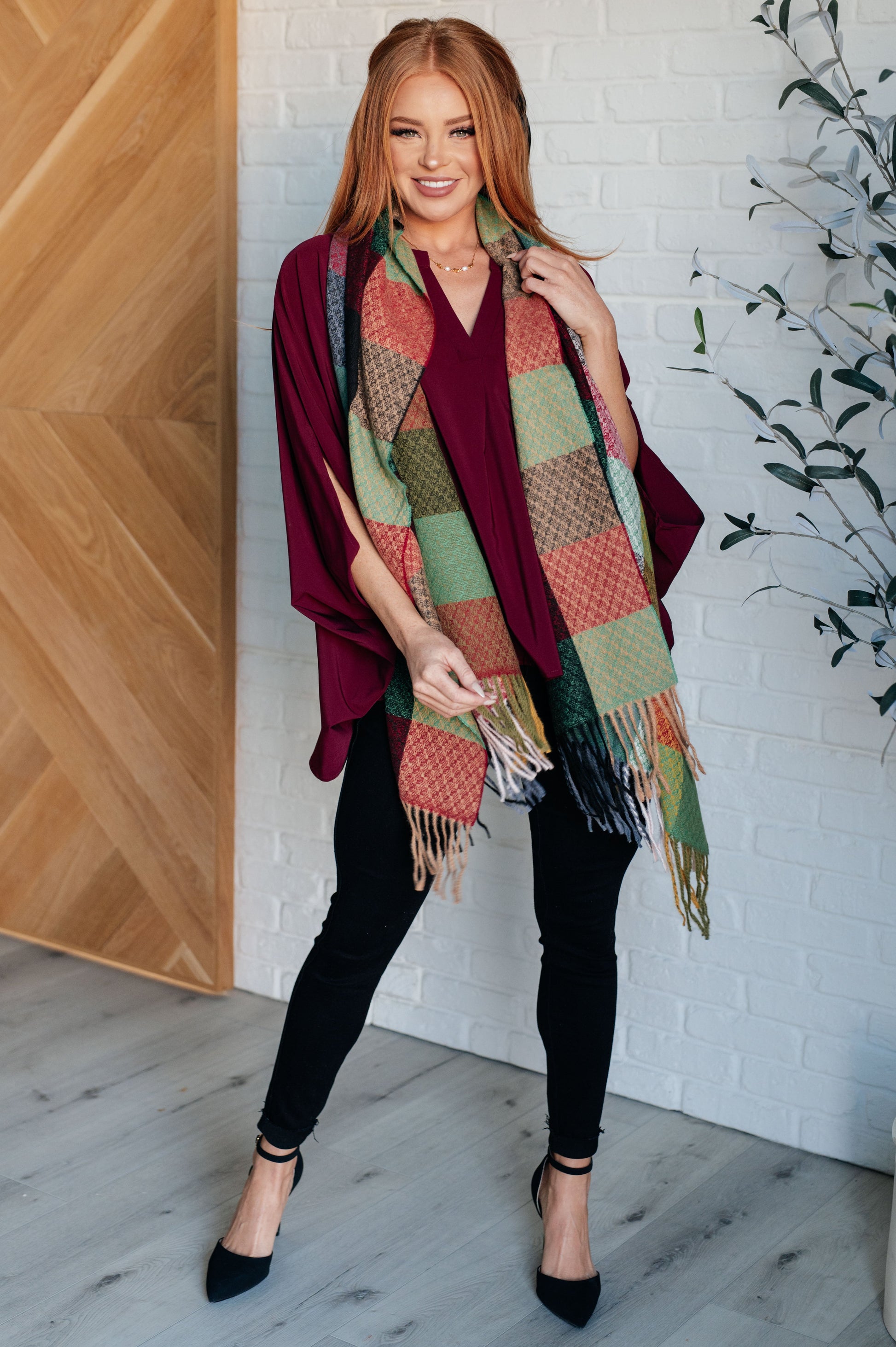 Keep Me Cozy Checkered Fringe Scarf in Berry-Accessories-Modish Lily, Tecumseh Michigan