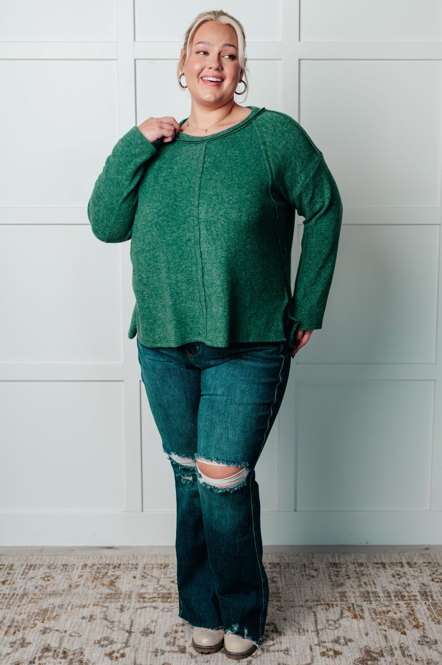 Simple Silhouette Brushed Hacci Sweater in Dark Green-Tops-Modish Lily, Tecumseh Michigan