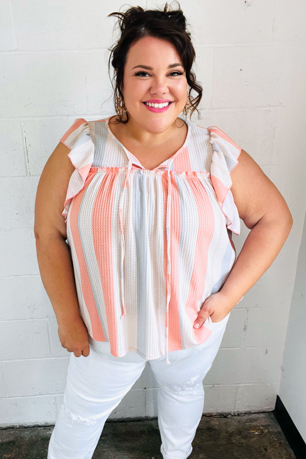 Coral & Light Blue Stripe Waffle Tie Neck Top-Modish Lily, Tecumseh Michigan