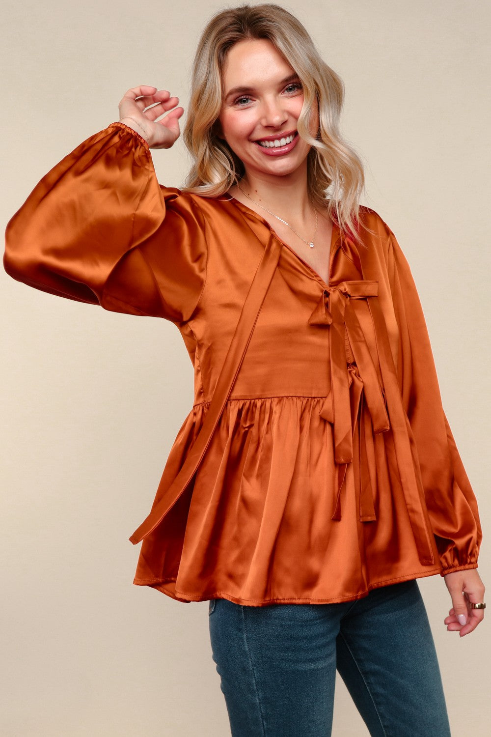 Tied Up in Style Rust Ribbon Blouse-Modish Lily, Tecumseh Michigan