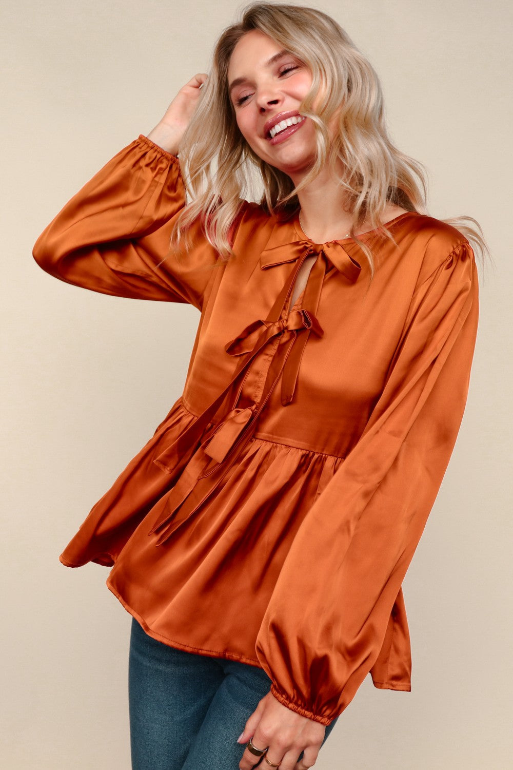 Tied Up in Style Rust Ribbon Blouse-Modish Lily, Tecumseh Michigan