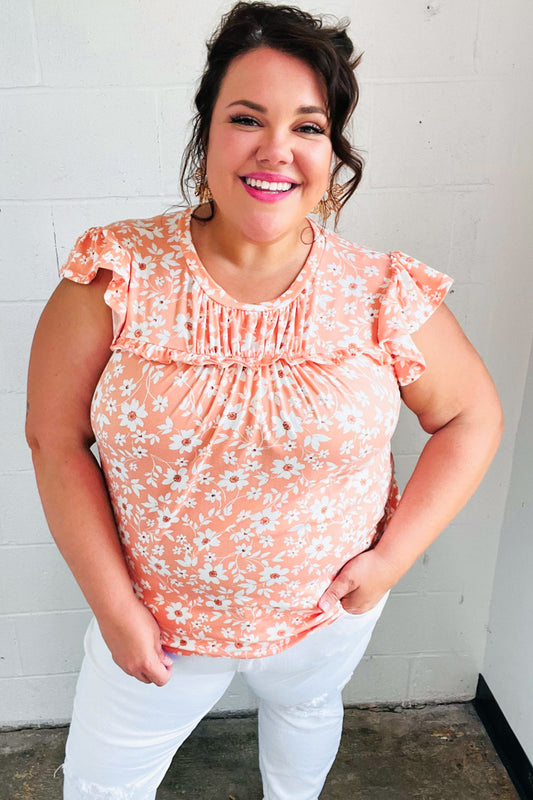 Peach Floral Print Frilled Short Sleeve Yoke Top-Modish Lily, Tecumseh Michigan