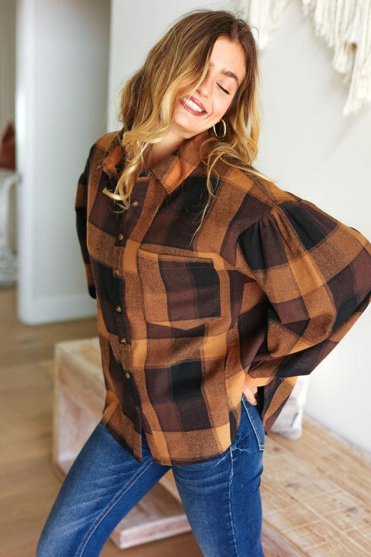 Rock'n Plaid Camel & Charcoal Button Down Oversized Shirt-Modish Lily, Tecumseh Michigan