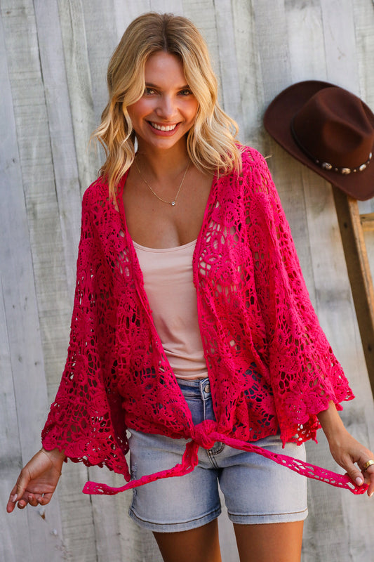 Beautiful You Fuchsia Crochet Front Tie Bell Sleeve Cardigan-Modish Lily, Tecumseh Michigan