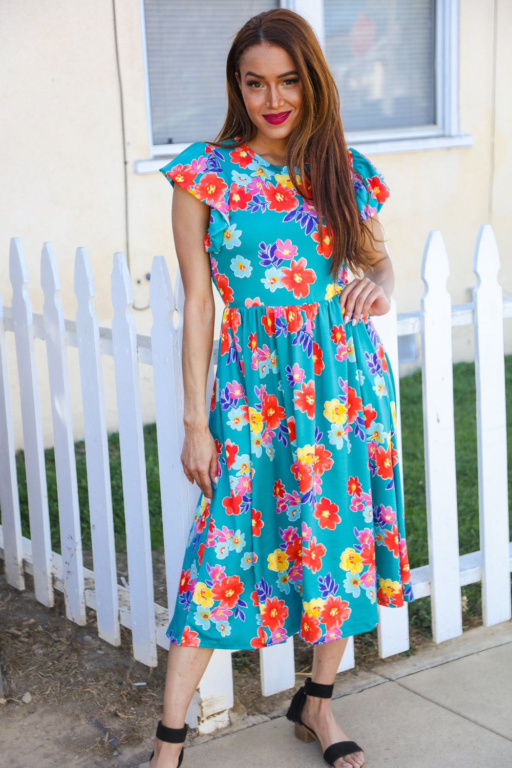 In Your Dreams Emerald Floral Print Folded Flutter Sleeve Midi Dress-Modish Lily, Tecumseh Michigan