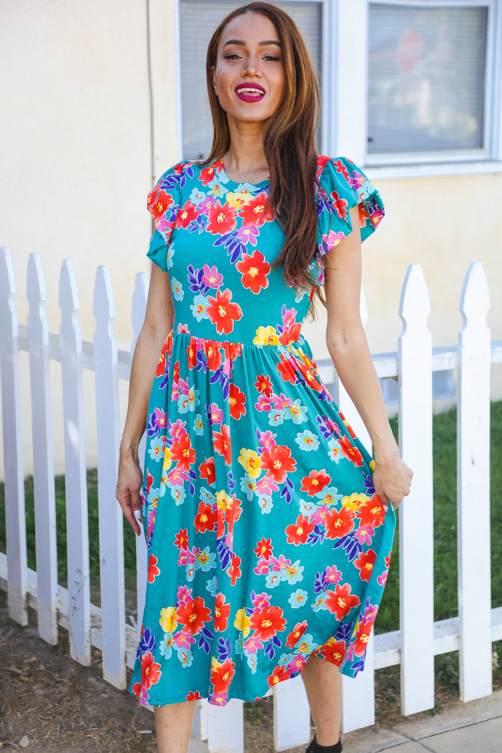 In Your Dreams Emerald Floral Print Folded Flutter Sleeve Midi Dress-Modish Lily, Tecumseh Michigan