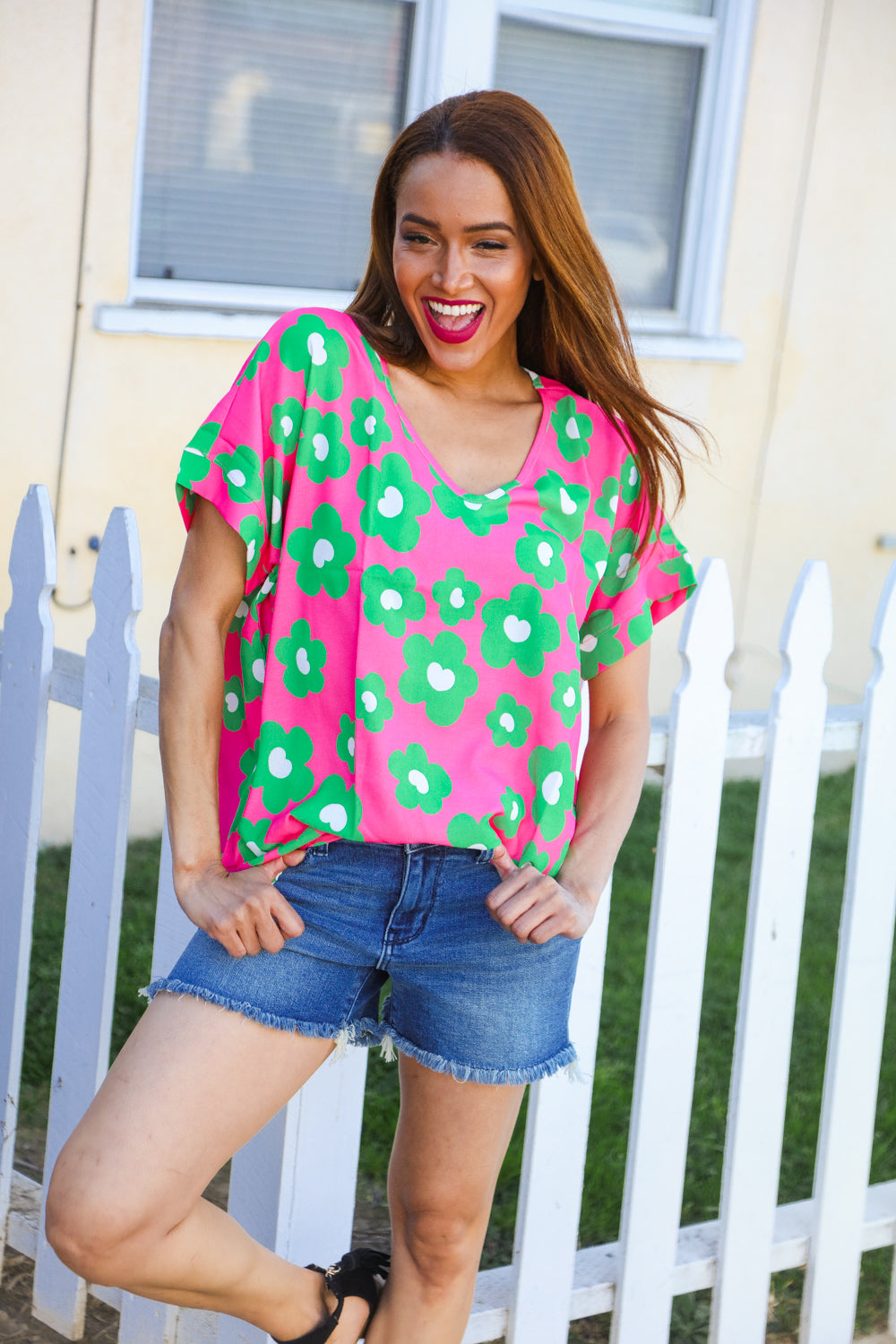 Spring Vibes Pink & Green Flower Print V Neck Short Sleeve Top-Modish Lily, Tecumseh Michigan