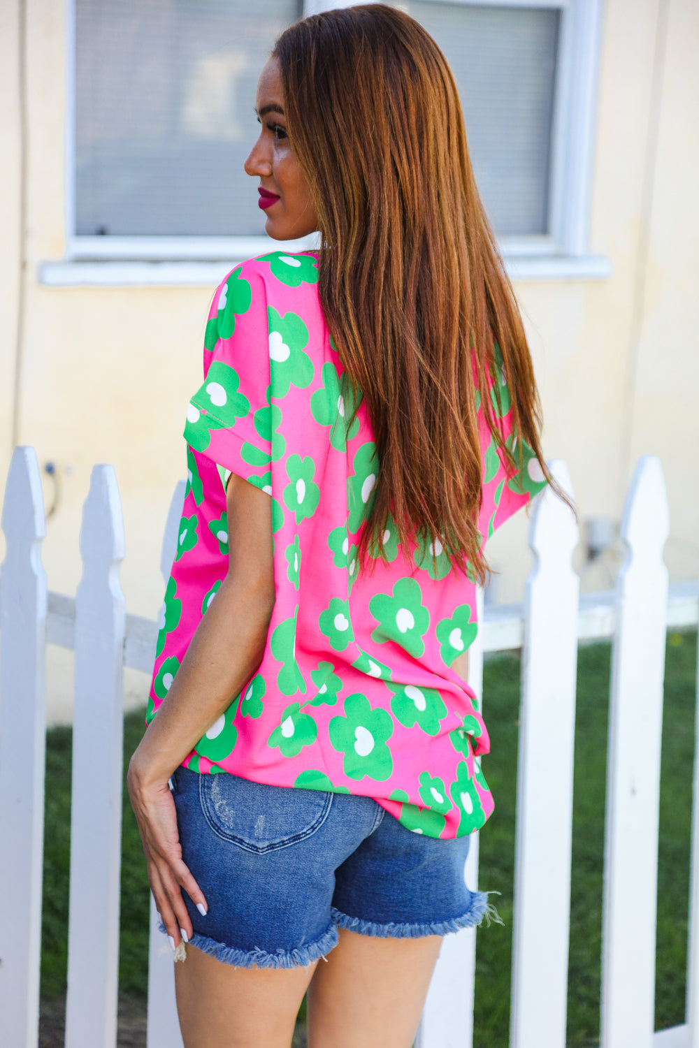 Spring Vibes Pink & Green Flower Print V Neck Short Sleeve Top-Modish Lily, Tecumseh Michigan