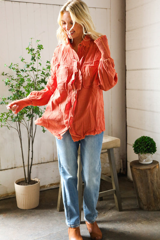 Everyday Persimmon Cotton Smocked Ruffle Detail Shacket-Modish Lily, Tecumseh Michigan