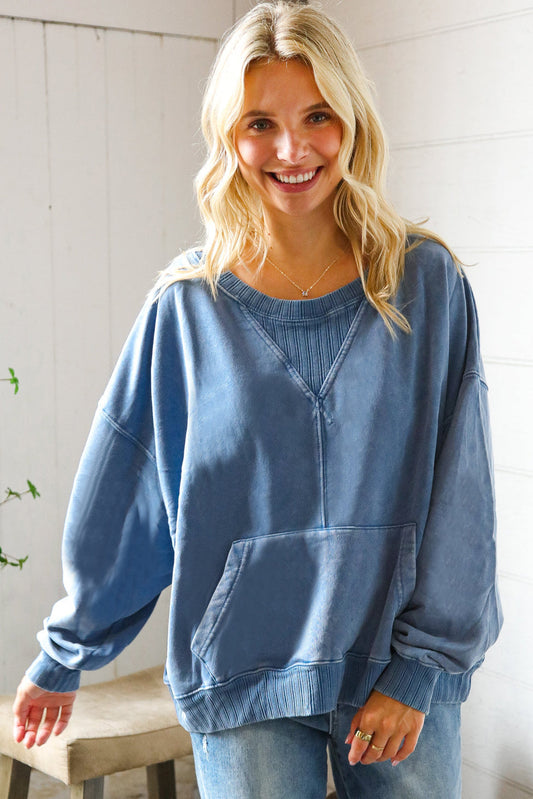 Washed and Worn Denim Ribbed Front Pocket Pullover-Modish Lily, Tecumseh Michigan