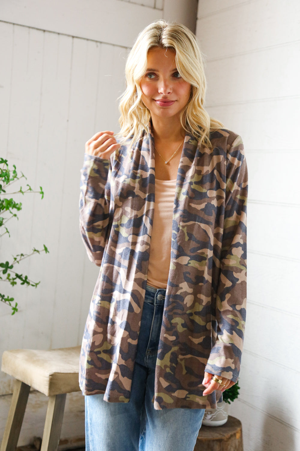 Stand Out Camo Cozy Open Cardigan-Modish Lily, Tecumseh Michigan