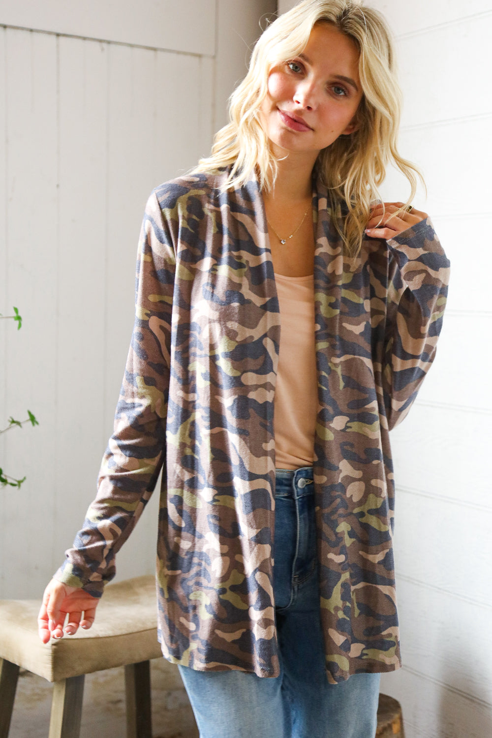 Stand Out Camo Cozy Open Cardigan-Modish Lily, Tecumseh Michigan
