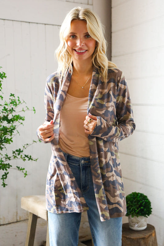 Stand Out Camo Cozy Open Cardigan-Modish Lily, Tecumseh Michigan