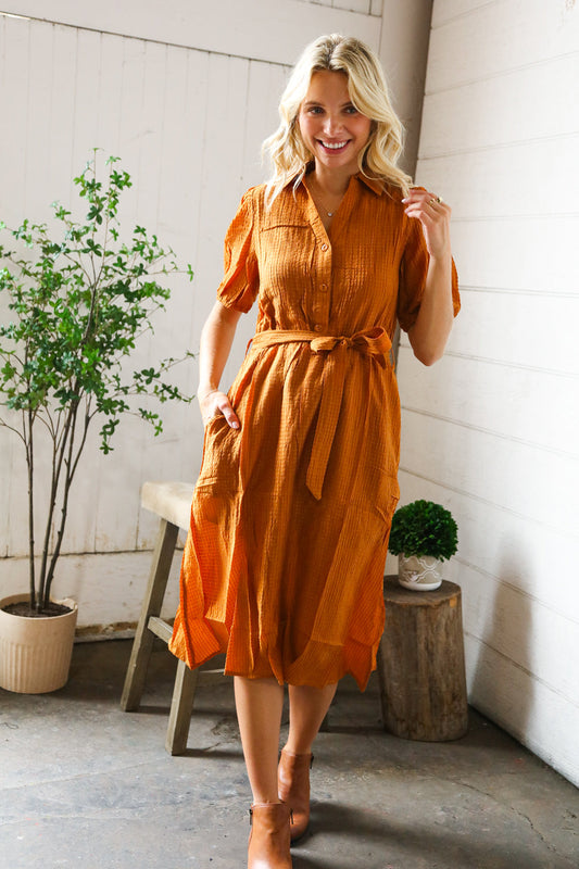Elegant You Rust Textured Short Sleeve Tie Belt Dress-Modish Lily, Tecumseh Michigan